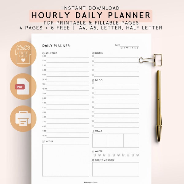 Printable Hourly Daily Planner PDF, Onenote Good Notes Planner, Day Per Page Planner,  A5 Planner Binder Sheet, Homeschool College Academic