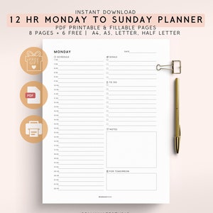 May include: A white 12-hour Monday to Sunday planner page with a schedule from 7:00 to 22:00, sections for goals, to-do lists, notes, and tomorrow's tasks. The document includes text for PDF printable and fillable pages in A4, A5, Letter, and Half Letter sizes.
