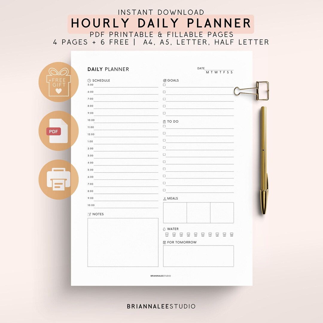 Printable Hourly Daily Planner PDF, Onenote Good Notes Planner, Day per