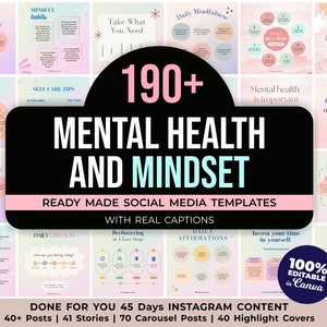 Mental Health & Mindset Posts with REAL Content and Captions, Instagram Posts for Life Coach, Coaching Social Media Canva Templates
