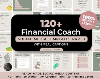 Könnte beinhalten: Eine Collage aus über 120 pastellfarbenen Social-Media-Vorlagen für Finanzcoaches. Die Vorlagen bieten Tipps zum Sparen, Investieren und zur finanziellen Freiheit. Der Text "120+ Financial Coach" ist in einer großen, fetten Schriftart. Der Text "Social Media Templates Part 1" ist in einer kleineren Schriftart. Der Text "With Real Captions" ist in einer noch kleineren Schriftart. Der Text "Pastel Theme" ist in einer kleinen Schriftart. Der Text "Ready Made Social Media Content" ist in einer großen Schriftart. Der Text "40+ Posts | 20 Stories | 40+ Carousel Posts | 20 Highlight Covers" ist in einer kleineren Schriftart.
