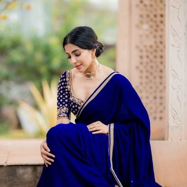 Saree en georgette pure avec broderie de perles et chemisier brodé pour les femmes indiennes des États-Unis, tenues de fête, sari bleu royal