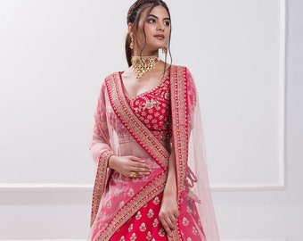 Rani Pink Lehenga Choli With Embroideried Work And net Dupatta For Women , Bridesmaid Dresses , Wedding Dresses , Lehenga choli