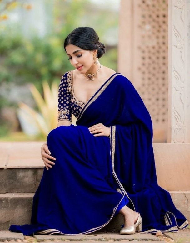 Buy Blue Saree With Ready Made Blouse From Ethnic Plus