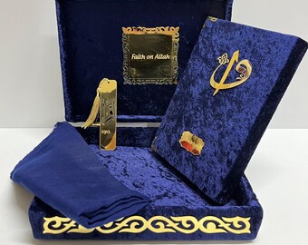 Personalisiertes Koran-Geschenkset aus marineblauem Samt, islamisches Hochzeitsgeschenk mit Tasbih