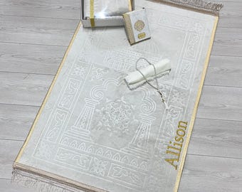 Tapis de prière personnalisé crème épais - cadeau Eid Mubarak - cadeau fête des mères - coffret cadeau islamique personnalisé - tapis de prière design spécial