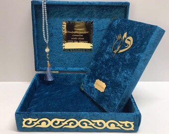 Türkisfarbenes Samt-Koran-Geschenkset: Islamischer Koran in einer Box mit Tasbih und Lesezeichen