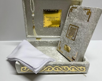 Personalisiertes Koran-Geschenkset aus weißem Samt, islamische Hochzeitsgeschenkbox