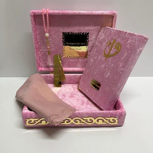 Customized Pink Velvet Quran Boxed, Islamic Gift Set, Quran with Tasbeh and Bookmark, Umrah Gift, Muslim Wedding Gifts, Muslim Birthday Set