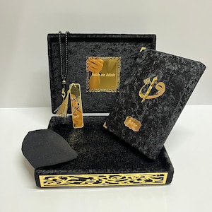 Luxury Black Velvet Quran Gift Set: Islamic Gift Box with Tasbeeh and Bookmark, Ideal for Muslim Weddings, Umrah, Hajj, Birthday Presents