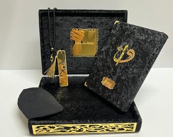 Personalisiertes Koran-Geschenkset aus schwarzem Samt, islamische Hochzeitsgeschenkbox