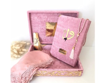 Customized Pink Velvet Quran Boxed, Islamic Gift Set, Quran with Tasbeh and Bookmark, Umrah Gift, Muslim Wedding Gifts, Muslim Birthday Set