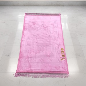 Pink Plush Prayer Rug Gift with Name, Padded Antislip Turkish Prayer Mat, Muslim Women Gift, Large Thick Namaz Carpet for Adults, Janamaz