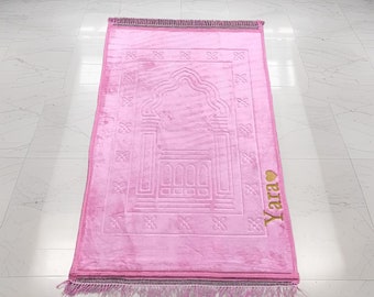 Pink Plush Prayer Rug Gift with Name, Padded Antislip Turkish Prayer Mat, Muslim Women Gift, Large Thick Namaz Carpet for Adults, Janamaz