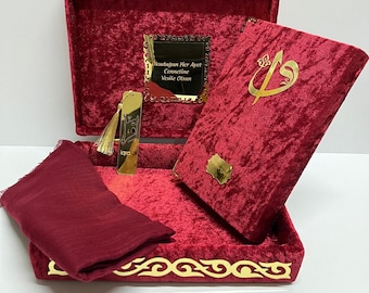 Samtkoran-Geschenkbox-Set, personalisierter islamischer Koran mit Namen für Ihn/Sie