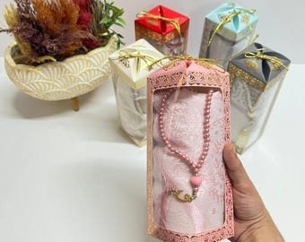 Personalized Taffeta Prayer Mat and Tasbeeh Gift Box, Bulk Islamic Gifts, Hajj Umrah Gift Set, Eid Mubarak Set, Gift to Muslim, Nikkah Gifts