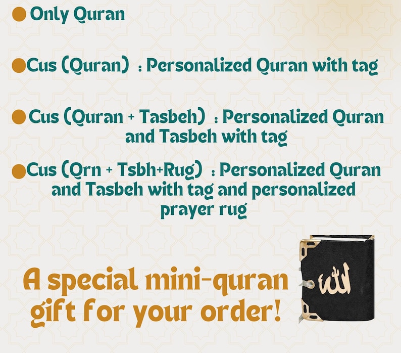 K&ouml;nnte beinhalten: Eine Grafik mit vier Optionen f&uuml;r ein personalisiertes Koran-Geschenkset. Die Optionen umfassen einen Koran allein, einen Koran mit Gebetsperlen, einen Koran mit Gebetsperlen und einem Gebetsteppich sowie einen Koran mit Gebetsperlen und einem personalisierten Etikett. Die Grafik enth&auml;lt auch einen kleinen Koran mit dem arabischen Wort f&uuml;r Gott auf dem Cover.