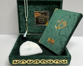 Personalisiertes grünes Samt-Koran-Geschenkset, islamische Hochzeitsgeschenkbox