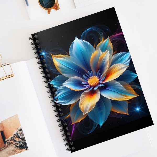 Cosmic Flower Spiral Notebook, Custom Journal, Diary, Floral Art Print, Unique Gift for Her or Him
