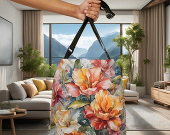 Floral Watercolor Tote Bag, Custom Beach Bag, Zippered Shoulder Shopping Tote, Floral Print Handbag, Unique Gift for Her or Him
