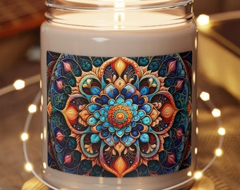 Floral Mandala Soy Candle, Relaxing Home Fragrances, Vegan Eco-Friendly, Custom Aromatherapy Gift
