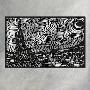Van Gogh, Noite Estrelada, corte a laser arquivo dxf adesivo de parede modelo de gravação roteador de corte cnc vetor digital