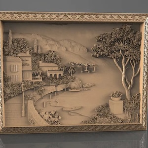 May include: A 3D carved wooden wall art piece depicting a coastal scene with a house, trees, and a body of water. The artwork is framed in a decorative wooden frame.