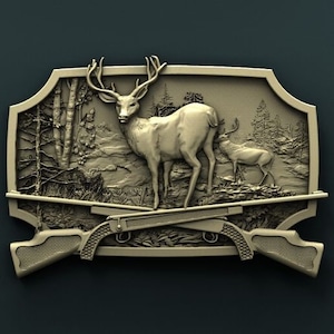 Deers and Gun 3D STL Model, CNC Router Engraver, Artcam, Aspire, arquivos CNC, madeira, arte, decoração de parede, Cnc