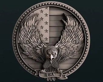 May include: A silver-toned, round, 3D-printed wall decor featuring an eagle with outstretched wings in front of an American flag. The eagle is holding a banner with the word "USA" printed on it.