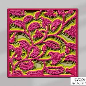 Könnte beinhalten: Ein digitales Design mit einem rosa und grünen Blumenmuster mit filigranen Details. Das Design ist perfekt für die Erstellung von Laser-Schnittarbeiten, wie z. B. Wanddekoration, Schablonen oder Papierarbeiten.