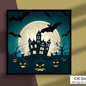 May include: A spooky Halloween illustration featuring a black silhouette of a haunted house with glowing windows, bats flying in the night sky, and a full moon.  There are also jack-o'-lanterns with glowing faces in the foreground.