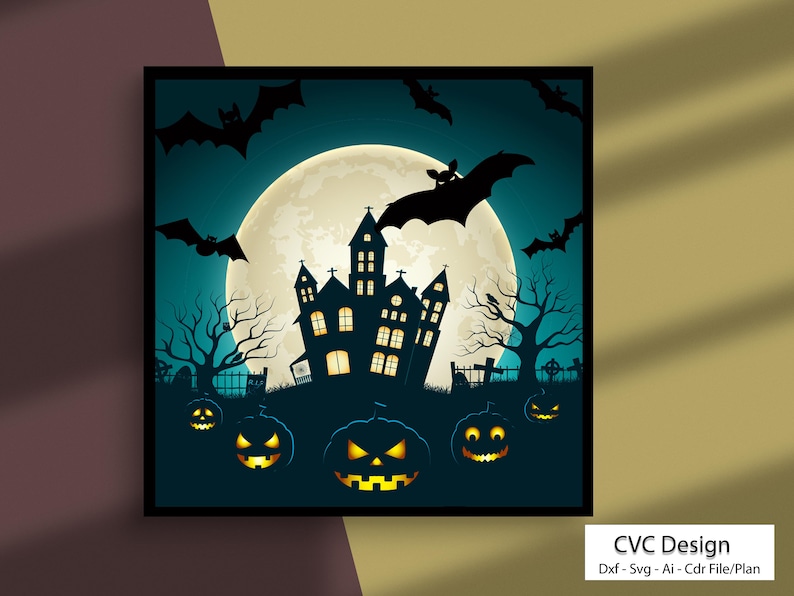 May include: A spooky Halloween illustration featuring a black silhouette of a haunted house with glowing windows, bats flying in the night sky, and a full moon.  There are also jack-o'-lanterns with glowing faces in the foreground.