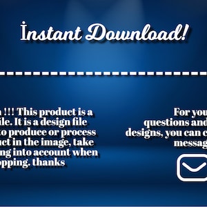 Op de afbeelding: Blauwe achtergrond met witte tekst die "Direct downloaden!" luidt en informatie geeft over digitale bestanden. De tekst luidt "Let op !!! Dit product is een digitaal bestand. Het is een ontwerpbestand dat is ontworpen om het product in de afbeelding te produceren of te verwerken. Houd rekening met deze waarschuwing bij het winkelen. Bedankt" en "Voor uw vragen en speciale ontwerpen kunt u contact met ons opnemen via een bericht."
