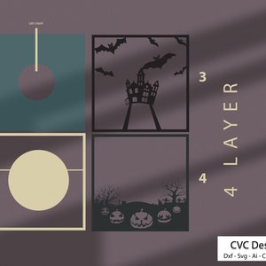 May include: Four layered design files for a Halloween themed craft project. The design includes a haunted house, bats, pumpkins, and a circle. The text "4 LAYER" and "CVC Design" is included in the image.
