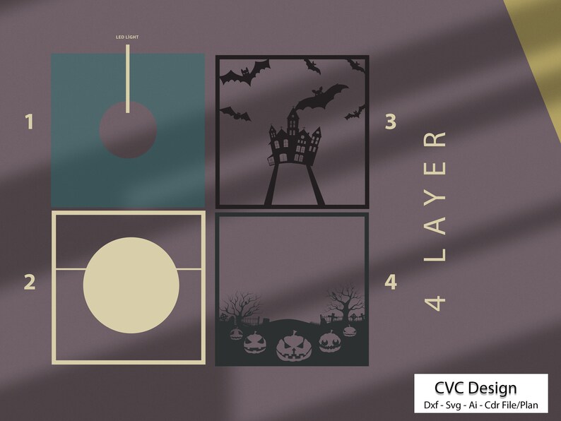 May include: Four layered design files for a Halloween themed craft project. The design includes a haunted house, bats, pumpkins, and a circle. The text "4 LAYER" and "CVC Design" is included in the image.