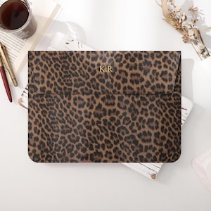 Personligt brunt leopardmönstrat läderfodral för laptop, läderfodral för laptop, fodral för Macbook MacBook Air 13, Pro16, stativ för laptop