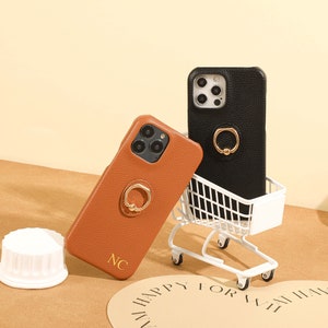 Étui pour iPhone en cuir personnalisé, initiale personnalisée avec porte-bague, étui pour iPhone pour iPhone 14 Pro, étui pour iPhone 14 13 11 12 XS