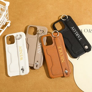 Gepersonaliseerde leren hoes iPhone 15 Pro Max 15 Pro, gepersonaliseerde initialen met telefoonhouder iPhone-hoesje iPhone 14 13 12 11 telefoonhoesje