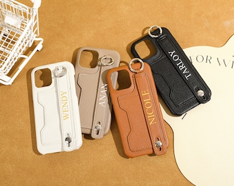 Personalized Leather Case iPhone 15 Pro Max 15 Pro, Personalized Initials with Phone Holder iPhone Case iPhone 14 13 12 11 Phone Case