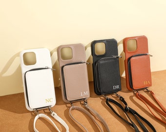 Étui pour téléphone personnalisé en cuir gaufré, étui pour téléphone personnalisé avec bandoulière et porte-cartes, étui pour iPhone 15 Pro, iPhone 14 13 11 12 X XS