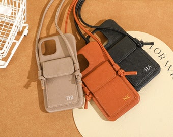 Aangepaste lederen iPhone-hoes met riem en kaartsleuf, gepersonaliseerde initialen iPhone-hoesje iPhone 14 13 12 11, iPhone 15 Pro Max, 15 Pro