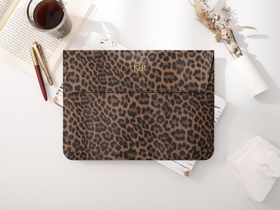 Personalized Brown Leopard Print Leather Laptop Sleeve, Leather Laptop Case, Case For Macbook MacBook Air 13, Pro16, Laptop Stand Cover
