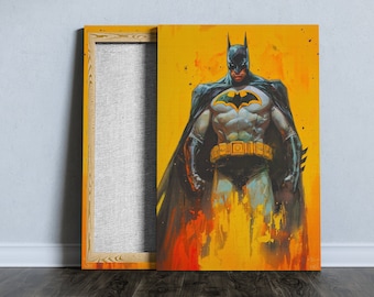 High Quality Bat man Prints Canvas Stretched - Pinewood Frame Bat man Poster,  Office Wall Art Fathers day Poster for boys room, Man cave