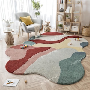 Abstract Swirl Pastel Area Rug – Hand-Tufted 100% New Zealand Wool | Irregular Shaped Cozy Modern Rug for Nursery & Living Room Rug