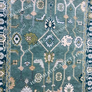 Green Oushak Hand-Knotted Rug – 9x12 / 10x14 / 12x15 | Modern Turkish Design Carpet for Living Room & Kids Space | Decor Antique Look Rug