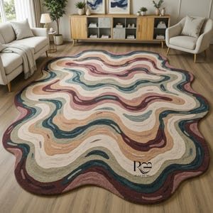 Multicolored Wavy Abstract Irregular Shape Rug – Hand Tufted Modern Organic Wool Carpet for Living Room & Artistic Interiors modern carpet