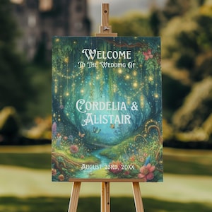 Plantilla de cartel de bienvenida para boda con diseño de bosque encantado, bosque de fantasía de cuento de hadas, bienvenido a nuestra boda, cartel de jardín mágico verde - EF1