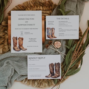 Convite de casamento com bota de cowboy, conjunto de convites para casamento no deserto, cartão de detalhes RSVP estilo boho rústico, celeiro no quintal, para impressão - CB1