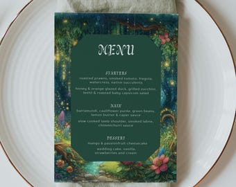 Enchanted Forest Wedding Food Menu, Fairytale Fantasy Woodland, Dinner Table Card, Printable Editable, Canva Template, Instant Download, EF1