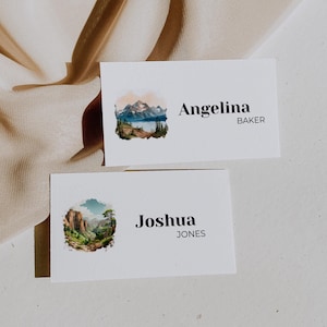 Cartão de lugar de casamento no parque nacional, cartão de nome de montanha para impressão, rótulo de comida em aquarela editável, viagem rústica ao ar livre, modelo canva, NP1